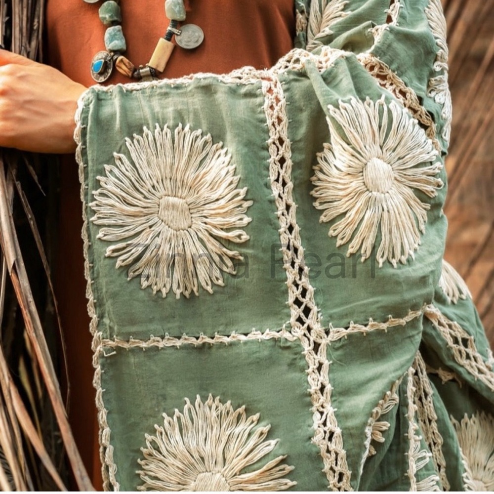 Flora crochet Embroidered maxi Kimnono Duster vacation resort one plus size - Picture 4 of 6